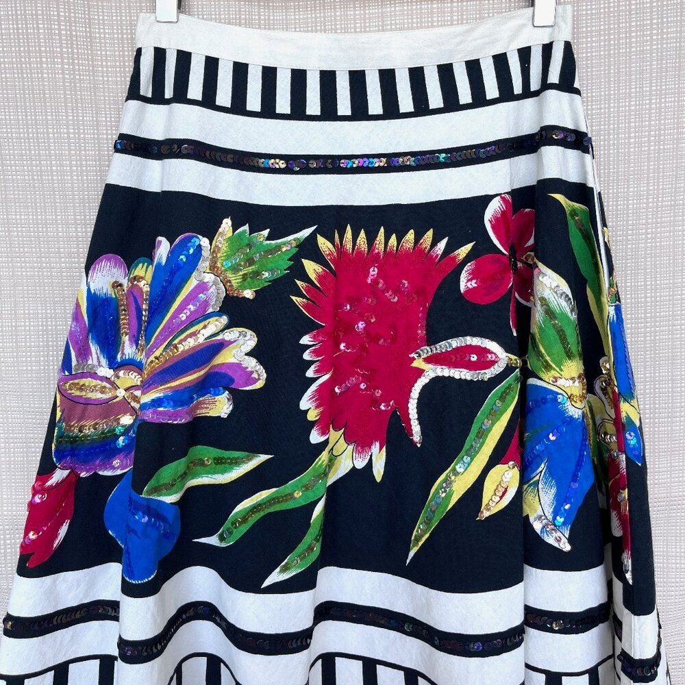 NWT Floral Sequins Skirt Black White Stripe Festive Playful Whimsy Goth Lydia - Picture 7 of 15